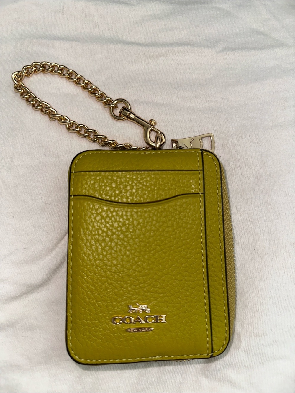 Coach Chartreuse Pebbled Leather Card Case with Gold Chain